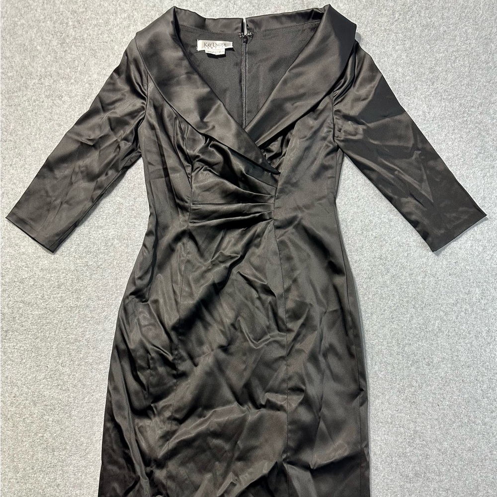 Kay Unger New York Black Ruched Front Dress 3/4 Sleeve Womens Size 2
